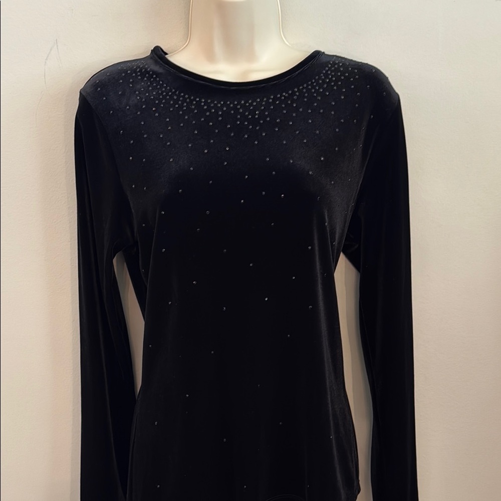 Jaclyn Smith Black Long-Sleeve Velvet Top Subtle Black Rhinestone Detailing Med